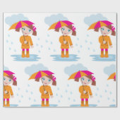 Girl with Umbrella in Rain Kids Rainy Day ラッピングペーパー (フラット)