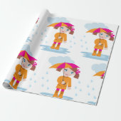 Girl with Umbrella in Rain Kids Rainy Day ラッピングペーパー (アンロールド)
