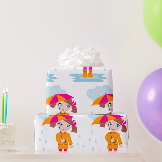 Girl with Umbrella in Rain Kids Rainy Day ラッピングペーパー