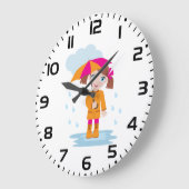 Girl with Umbrella in Rain Kids Rainy Day ラージ壁時計 (傾斜)