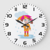 Girl with Umbrella in Rain Kids Rainy Day ラージ壁時計 (正面)