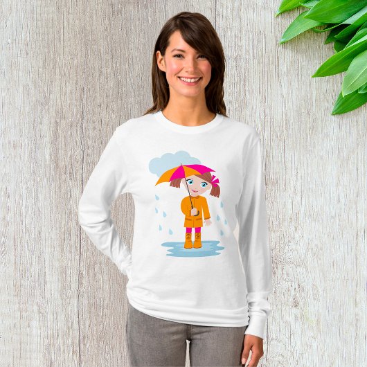 Girl with Umbrella in Rain Kids Rainy Day Tシャツ