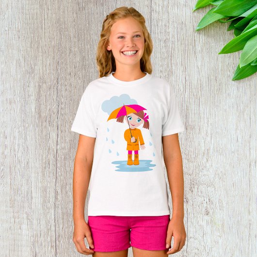 Girl with Umbrella in Rain Kids Rainy Day Tシャツ