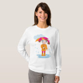 Girl with Umbrella in Rain Kids Rainy Day Tシャツ (正面フル)