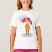 Girl with Umbrella in Rain Kids Rainy Day Tシャツ (正面)