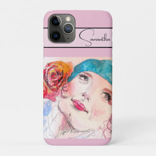 Girl Woman ピンク 赤 バラ ウォーターカラー アクア フォン iPhone 11 Proケース
