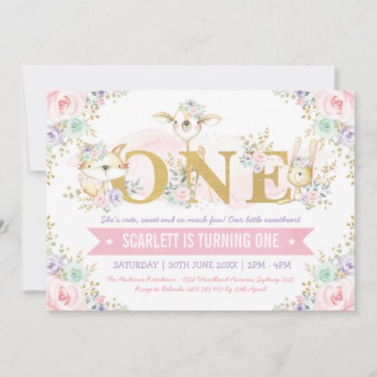 Girl Woodlandかわいらし Animalsの第1誕生日パーティー 招待状 (正面)