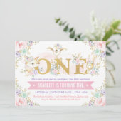 Girl Woodlandかわいらし Animalsの第1誕生日パーティー 招待状 (スタンド正面)