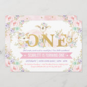 Girl Woodlandかわいらし Animalsの第1誕生日パーティー 招待状 (正面/裏面)