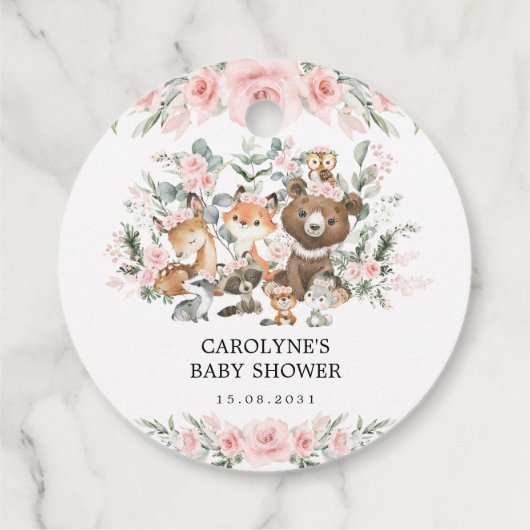 Girl Woodland Animalsフローラ緑の赤ちゃんシャワー フェイバータグ (裏面)