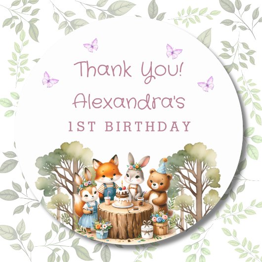 Girl Woodland Animals 1st Birthday Thank You ラウンドシール