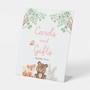 Girl Woodland Baby Showerカードとギフトサイン 台座サイン