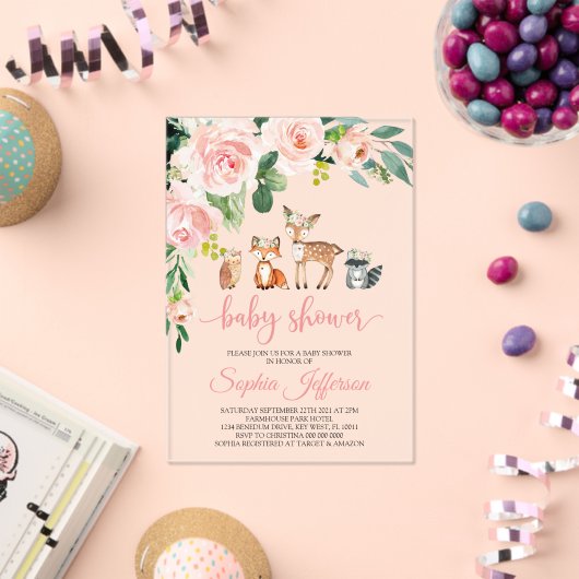 Girl Woodland Baby Shower Forest Animals Pink Rose アクリル招待状 (インサイチュ (お祝い))