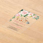 Girl Woodland Baby Shower Forest Animals Pink Rose アクリル招待状 (レイダウン)