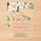 Girl Woodland Baby Shower Forest Animals Pink Rose アクリル招待状 (正面)