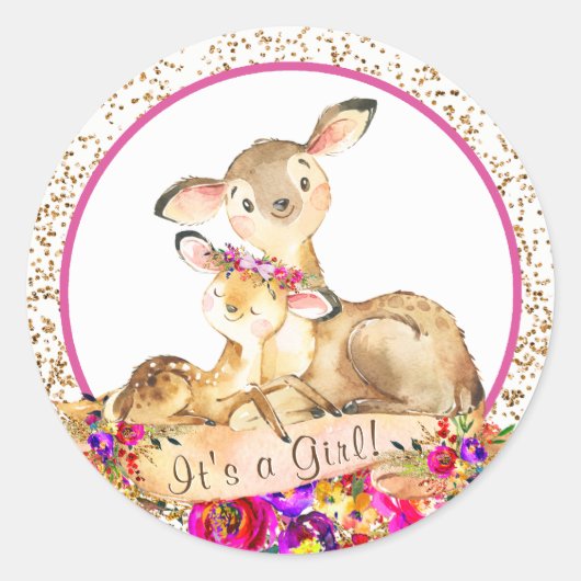 Girl Woodland Deer Baby Showerスタンプ ラウンドシール (正面)
