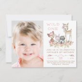 Girl Woodland Photo First Birthdayパーティー 招待状 (正面)