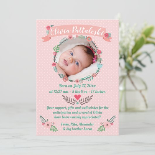 Girlsフォトフローラリースベビー到着ありがとう 案内状 (スタンド正面)