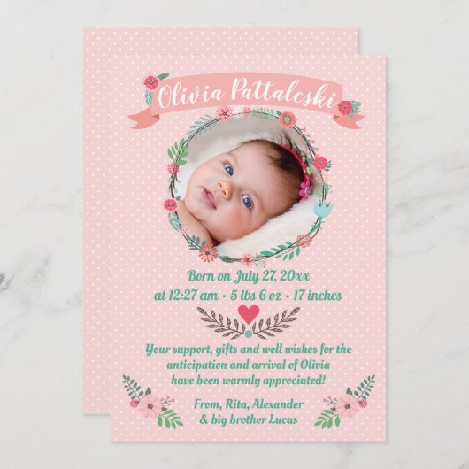 Girlsフォトフローラリースベビー到着ありがとう 案内状 (正面/裏面)