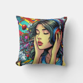Girl's 聞 to Music on Headphones サイケデリック クッション (正面)