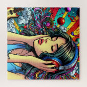 Girl's 聞 to Music on Headphones サイケデリック ジグソーパズル (横)