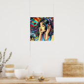 Girl's 聞 to Music on Headphones サイケデリック ポスター (キッチン)