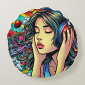Girl's 聞 to Music on Headphones サイケデリック ラウンドクッション (裏面)