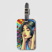 Girl's 聞 to Music on Headphones サイケデリック ラゲッジタグ (正面縦)