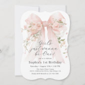 Girl's 1st Birthday Pink Floral Bow and Photo 招待状 (正面)