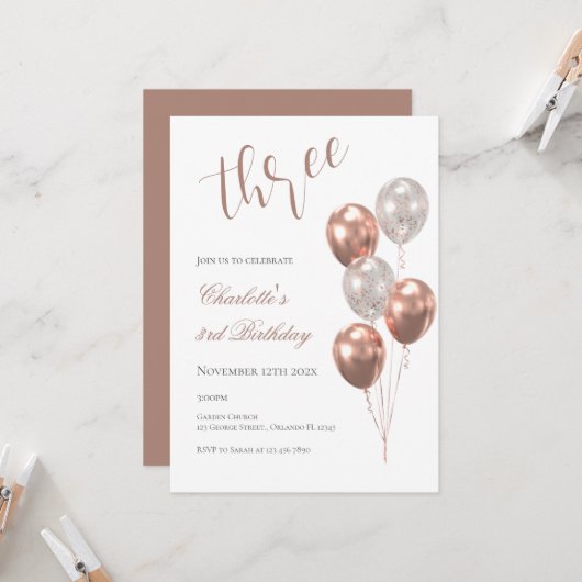 Girl's 3rd birthday, with beige balloons 招待状 (正面/裏面インサイチュ)