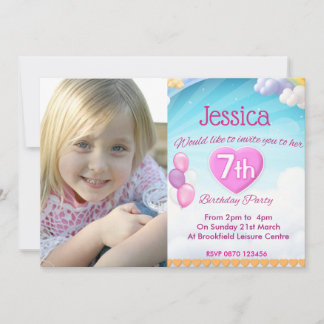 Girls 7th Birthday Party Photo Invitation Pink 招待状