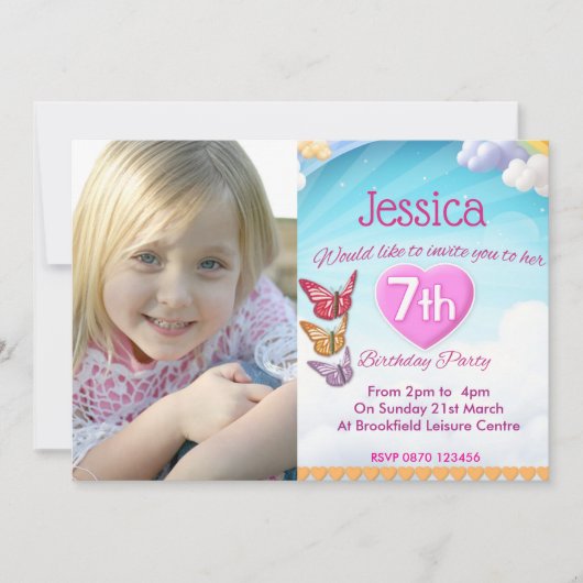 Girls 7th Birthday Party Photo Invites Butterflies 招待状 (正面)