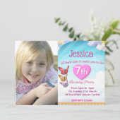 Girls 7th Birthday Party Photo Invites Butterflies 招待状 (スタンド正面)
