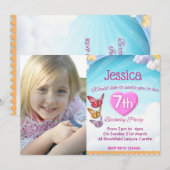 Girls 7th Birthday Party Photo Invites Butterflies 招待状 (正面/裏面)