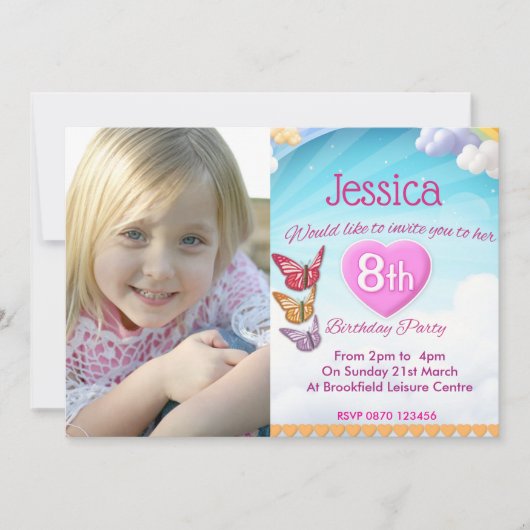 Girls 8th Birthday Party Photo Invites Butterflies 招待状 (正面)