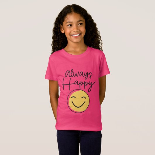 Girls' "Always Happy" Pink Smiley Tee - Bright Joy Tシャツ (正面フル)