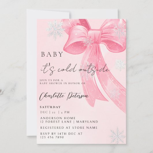 Girl's Baby Shower pine trees Winter Bow coquette 招待状 (正面)