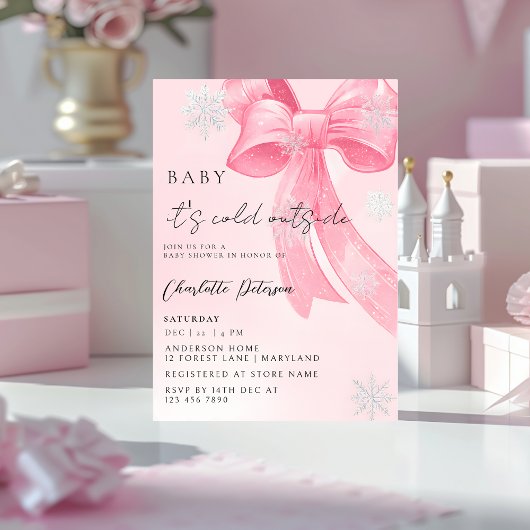 Girl's Baby Shower pine trees Winter Bow coquette 招待状