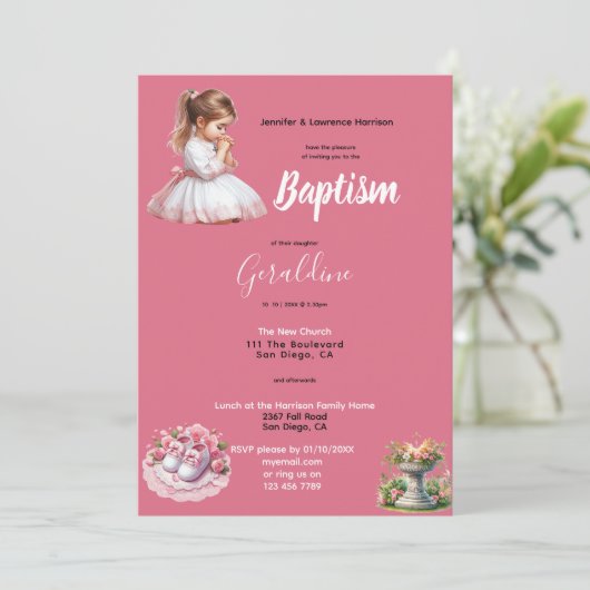 Girl's Baptism Pink Personalized 招待状 (スタンド正面)
