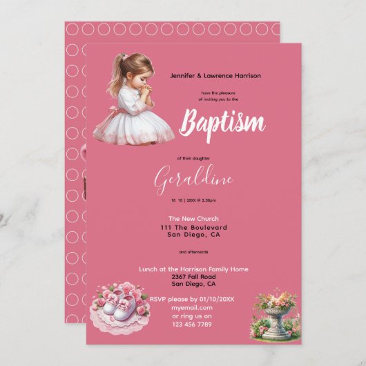 Girl's Baptism Pink Personalized 招待状 (正面/裏面)