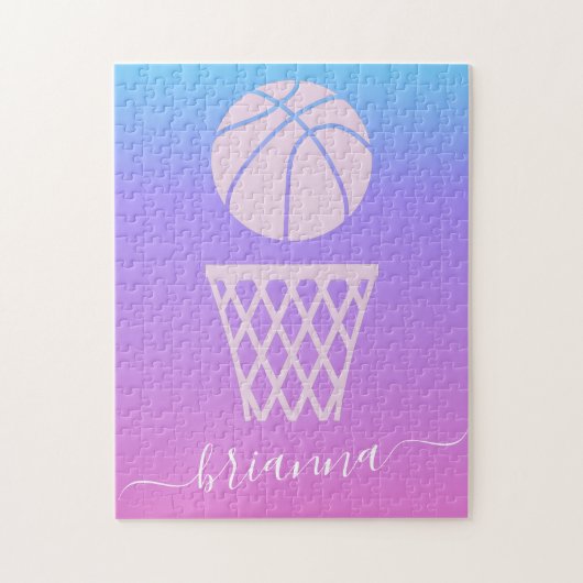 Girls Basketball Pink Purple Ombre Gradient & Name ジグソーパズル (縦)