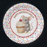 Girl's Birthday Party | Mouse & Cupcake   ペーパープレート<br><div class="desc">A cute girl's birthday birthday personalized paper plates with a sweet mouse and cupcake theme. Pink,  beige and cherry red sprinkles on a cute vanilla cupcake being held by a watercolor mouse!</div>