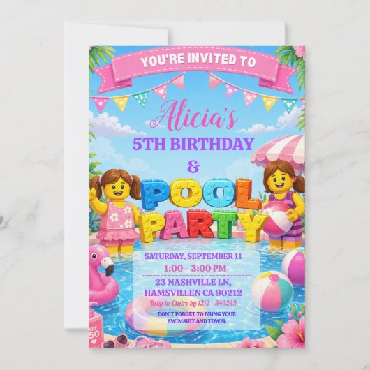 Girls Bricks Colorful Pool Birthday Party Invitati 招待状 (正面)