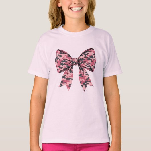 Girls Camouflage Pink Coquette Bow Old Camo Kids Tシャツ (正面)