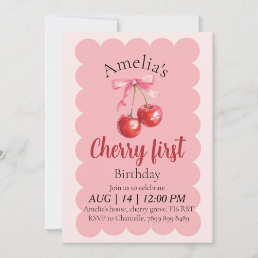 Girls Cherry First Birthday invitation  招待状 (正面)