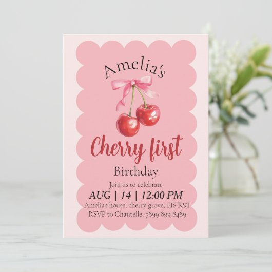 Girls Cherry First Birthday invitation  招待状 (スタンド正面)