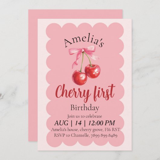 Girls Cherry First Birthday invitation  招待状 (正面/裏面)