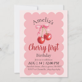 Girls Cherry First Birthday invitation  招待状
