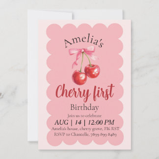 Girls Cherry First Birthday invitation  招待状