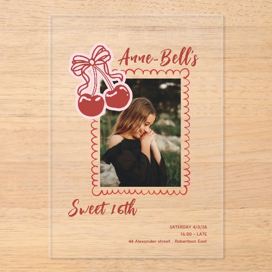Girls Cherry Sweet 16th Birthday Invitation アクリル招待状 (正面)